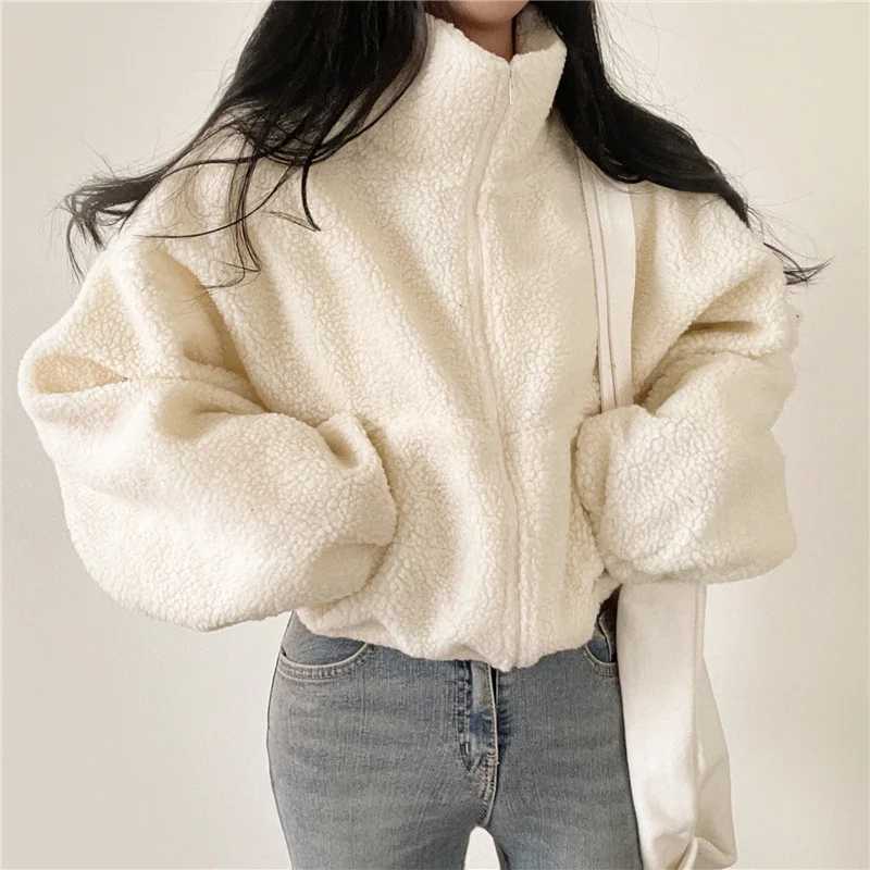YTJHRG Winter Fashion Womens Coat Casual Cardigan Faux Fur Lamb Wool Zipper Ladies Jacket Long Sleeve 2024 New Female ClothingX240920