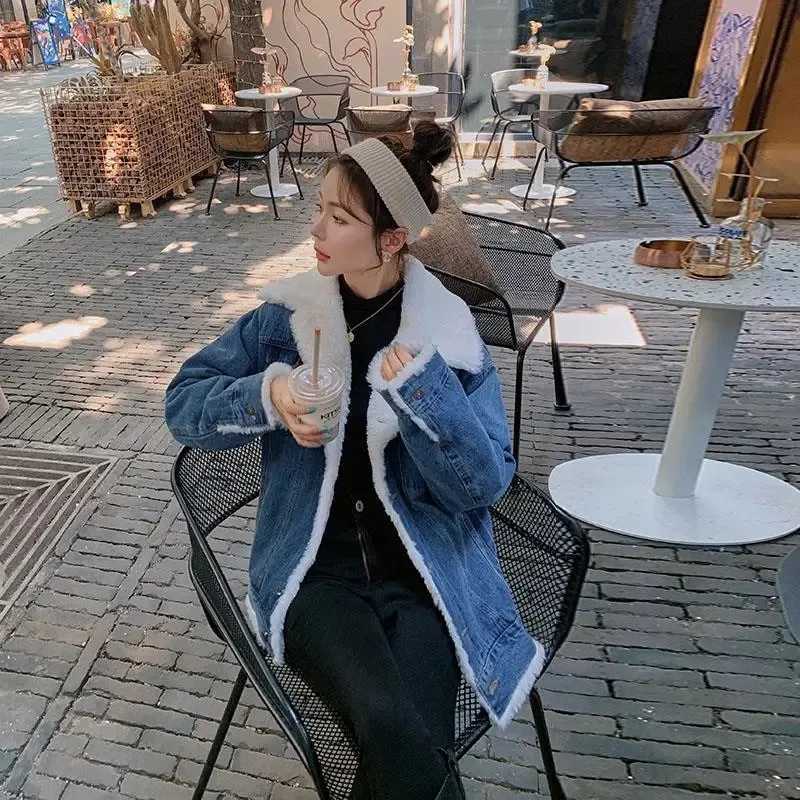 Ladies Denim Clothes Winter Add Velvet Thicken Imitate Lamb Hair Womens Jacket Same Style For Men And Women Couple OutfitX240920