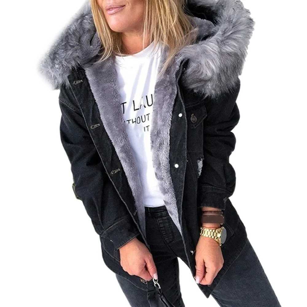 Womens winter warm fluffy collar hooded denim jacket with thick plush lining warm long sleeved jeans jacket button hem too large loose fit W240920