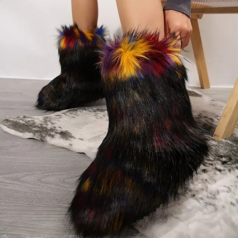Womens Winter Snow Boots Outdoor Furry Faux Fox Fur Fashion Boots WomanPlush Warm Platform Shoes Bottes 240909