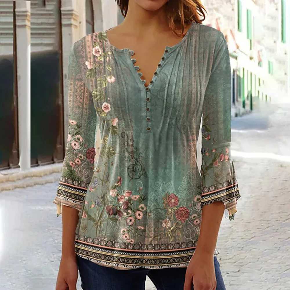 Trendy 3D Printed Shirts for Women Spring Summer 3/4 Sleeve V Neck Buttons Blouse Shirt Elegant Ladies Long Sleeve Tops M240920