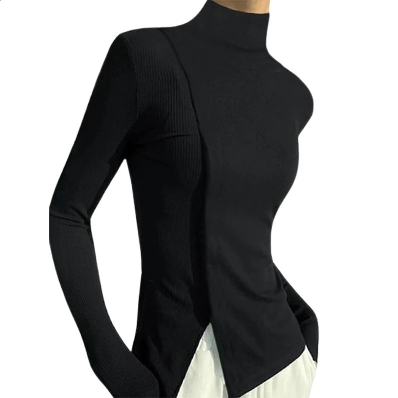 Yeezzi womens spring and autumn long sleeved solid color split high neck T-shirt fashionable simple casual and trendy top 240920