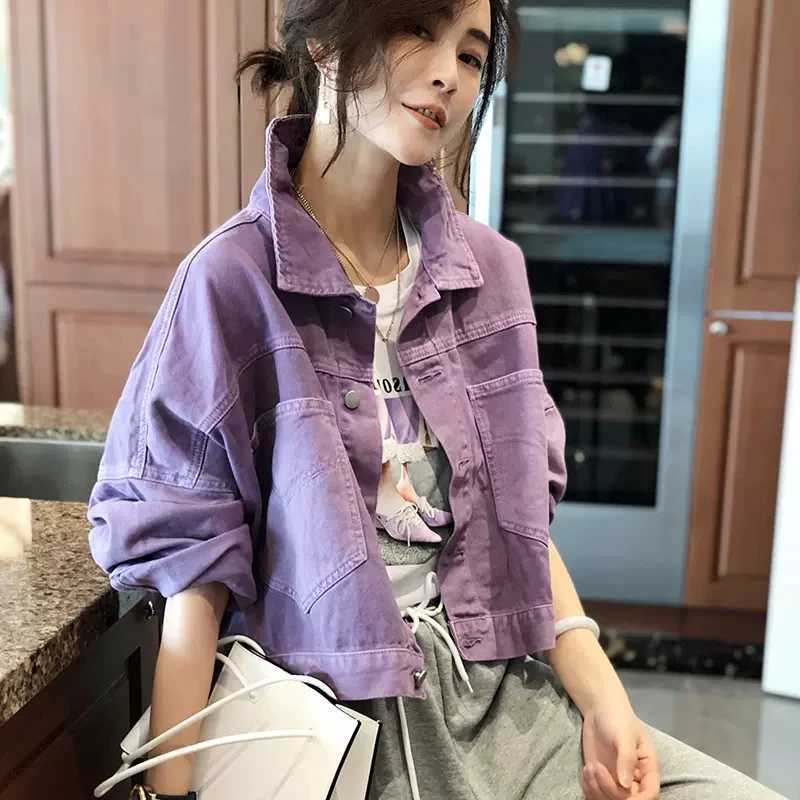 Purple Denim Coat Female Short Korean Version 2024 Spring Autumn Clothes Everything Loose Small Jacket Fat Sister Student TopX240920