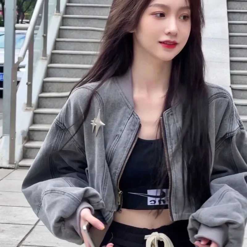 New Grey Women Denim Jackets Streetwear Y2k Cross Crop Hippie 90s Oversize Zip Jackets Coat Harajuku Womens ClothingX240920