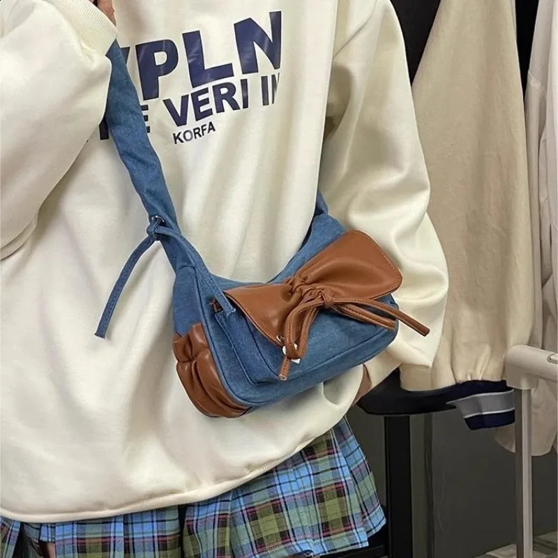 Xiuya Fashion pleated womens shoulder bag denim sweet bow cute casual handbag literature Korean ner handheld 240919
