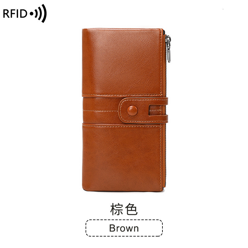 2024 New Anti Magnetic Money Clip Oil Wax Leather Handheld Bag Multi functional Women's Long Wallet