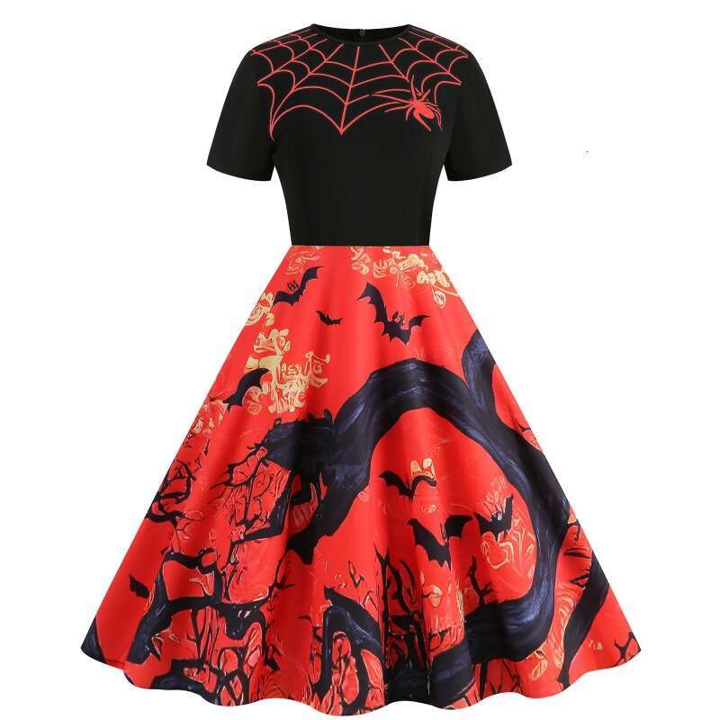 Hallowmas Halloween style new spliced round neck party print slim fitting and slimming dress with a large display