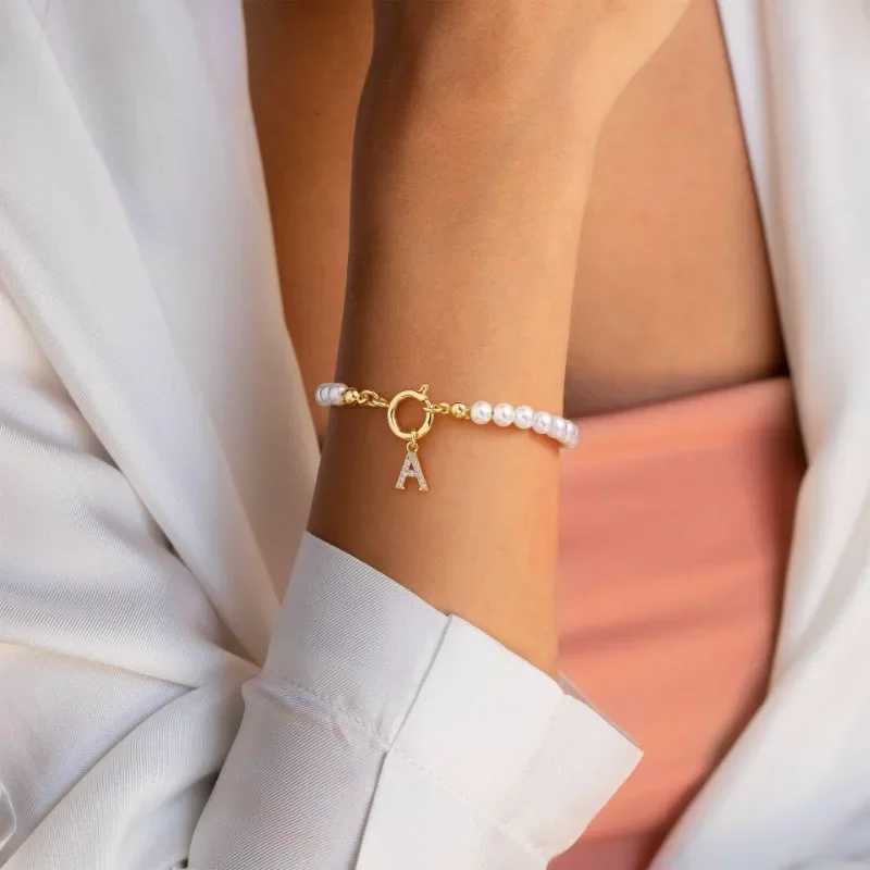 Minar Delicate 14K Real Gold Silver Plated Copper CZ Zircon 26 Letter Simulated Pearl Beaded Chain Charm Bracelets for WomenX240921