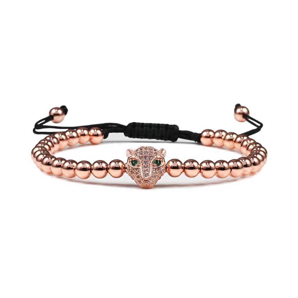 Men Bracelet Gold Color Leopard Head 5MM Pave Beads Braided Bracelets Bangles Handmade Armband Luxury Royal Women Jewelry GiftX240921
