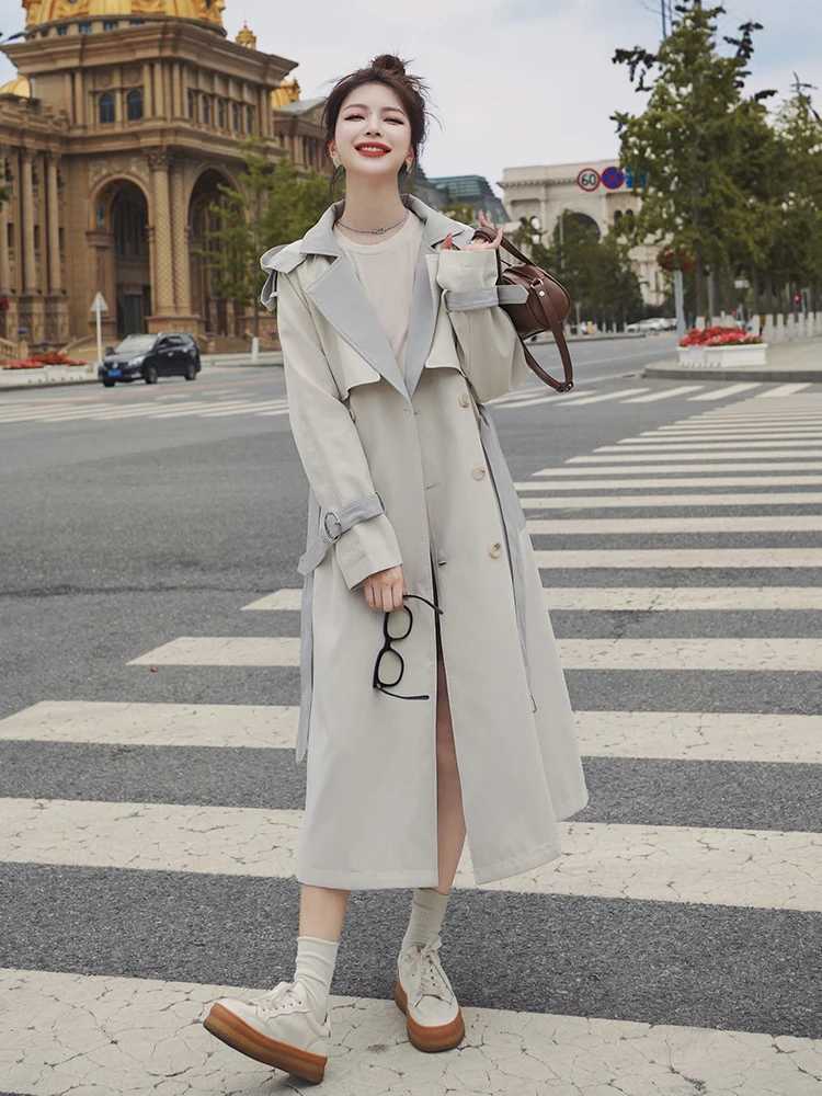 Hit Colors Long Trench Coat Women Spring Autumn New Long sleeve Double breasted Sashes Windbreaker Overcoat Women ClothesX240921