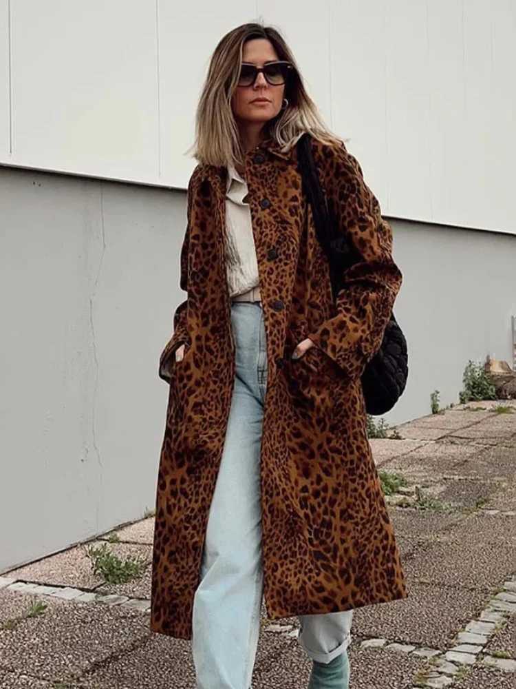 ZBZA Women Vintage Leopard Trench Coat Loose Long Sleeve Lapel Single-breasted Pocket Mid-length Outerwear Fall Winter Lady CoatX240921