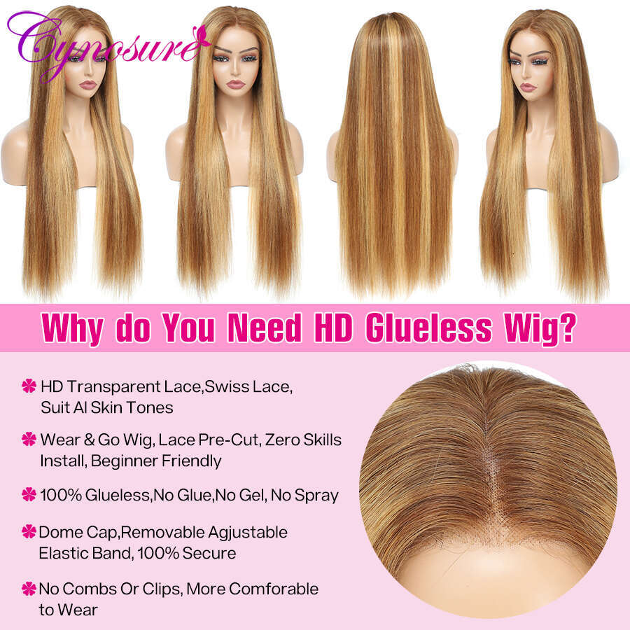 Cynosure Glueless Ready to Wear Pre plucked Straight Highlight Human Hair HD Lace Frontal Wig For Women