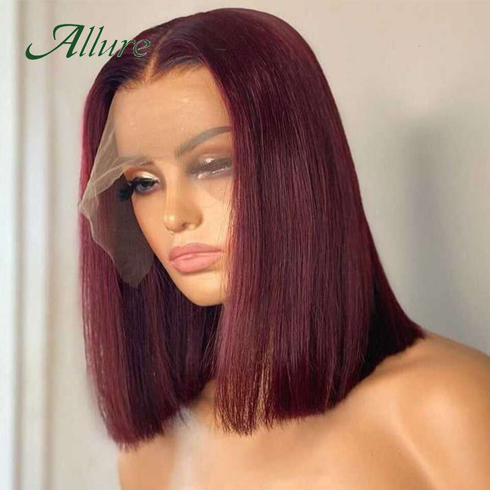 99J Short Bury Human Hair Colored Straight Bob Front Wig For Women Dark Red Glueless T Part Lace Wigs Allure