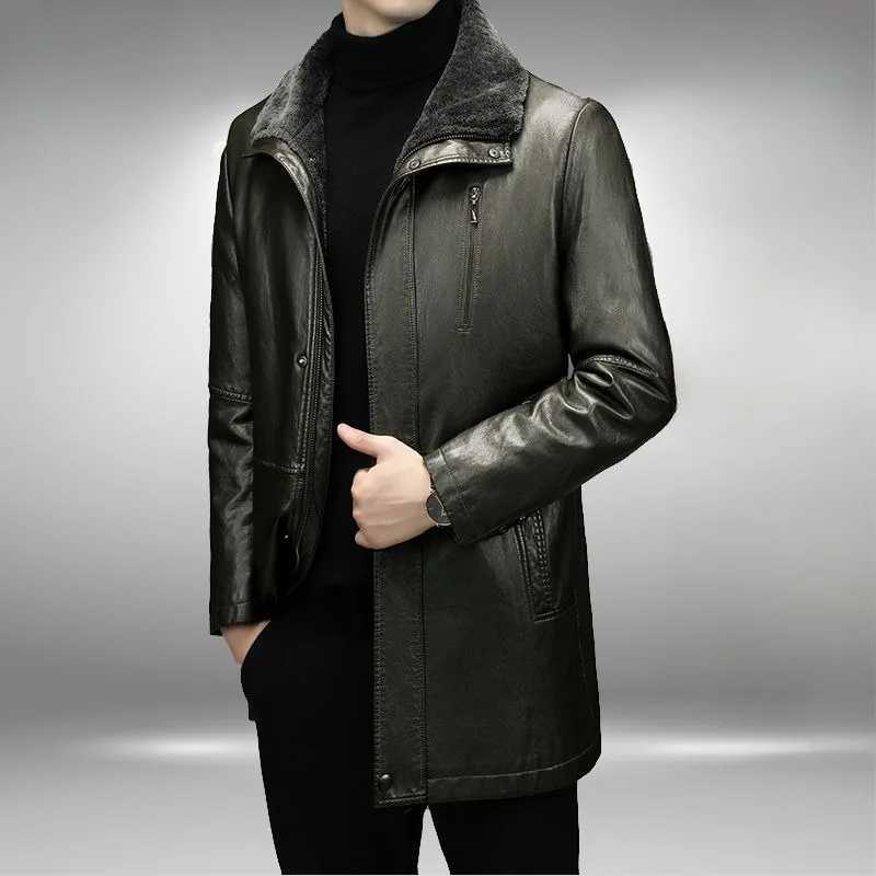 New mens fashionable casual fur integrated leather jacket winter mens medium thick wool lining warm sheepskin jacket W240918