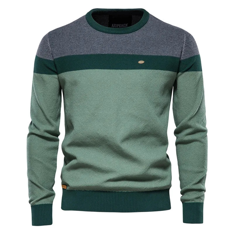 Autumn Winter Mens Sweater High-Quality Round Neck Stripe Color Blocking Warm Pullover Male Fashion Casual Knitwear Men Clothing