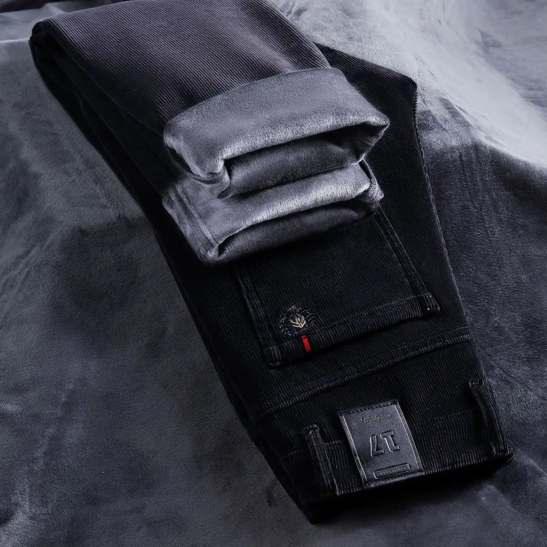 Mens Winter Pants Straight with Corduroy Wool Warmth Trouser Classic Brushed Fashion Casual 240913