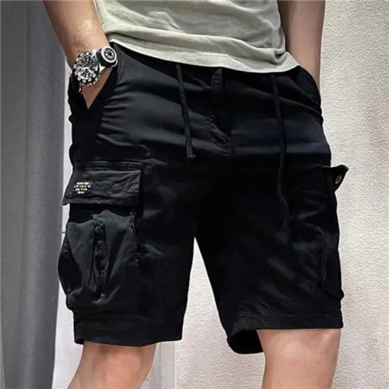 Half Mens Cargo Shorts Solid With Draw String Khaki Male Bermuda Short Pants Summer Korean Style Baggy Elastic Waist Homme Y2kX240921