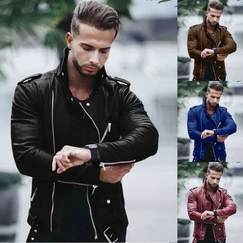New autumn and winter mens Pu leather jacket oversized stand up collar fashionable slim fit zipper leather jacket W240918