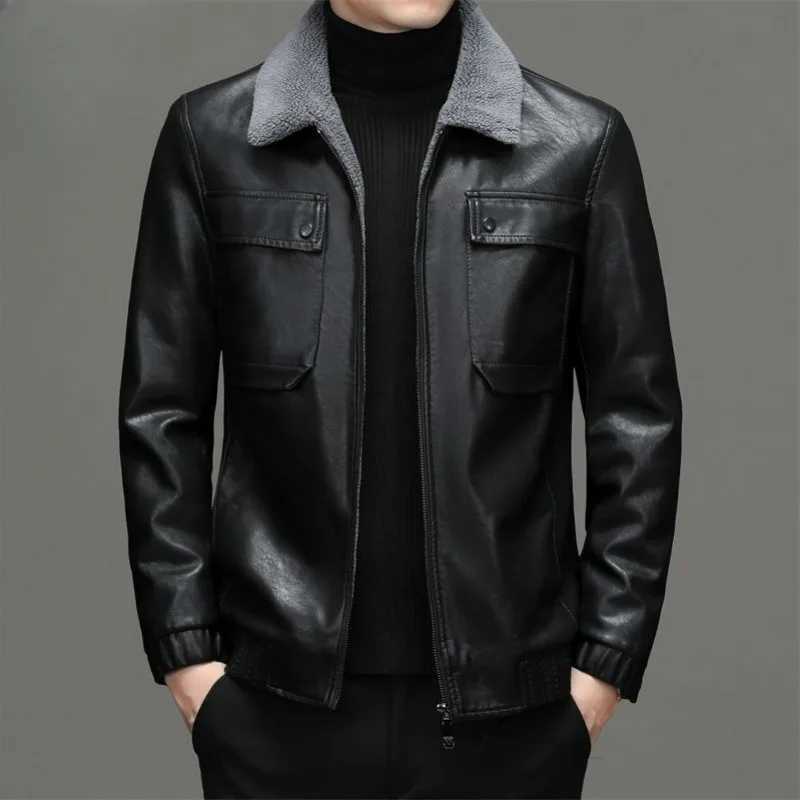 Winter new mens wool lined sheepskin jacket high-end ultra-thin suitable for large mens leather jackets casual solid color lapel jackets W240918