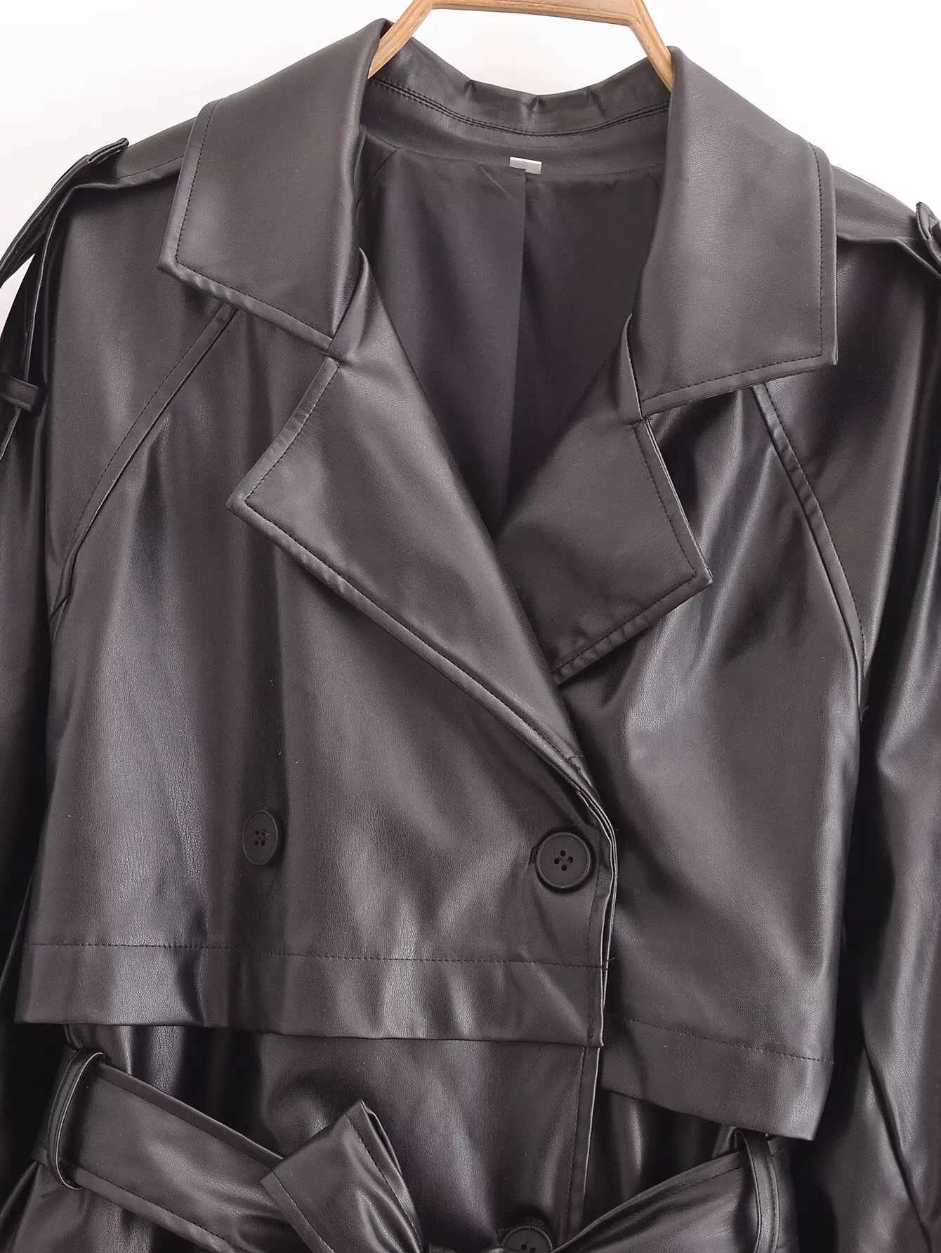 Y2K TRAF PU Leather Women Long Trench Coat 2024 Winter Chic Double-breasted with Belts Loose Windbreaker Outerwear Lady TrenchX240921