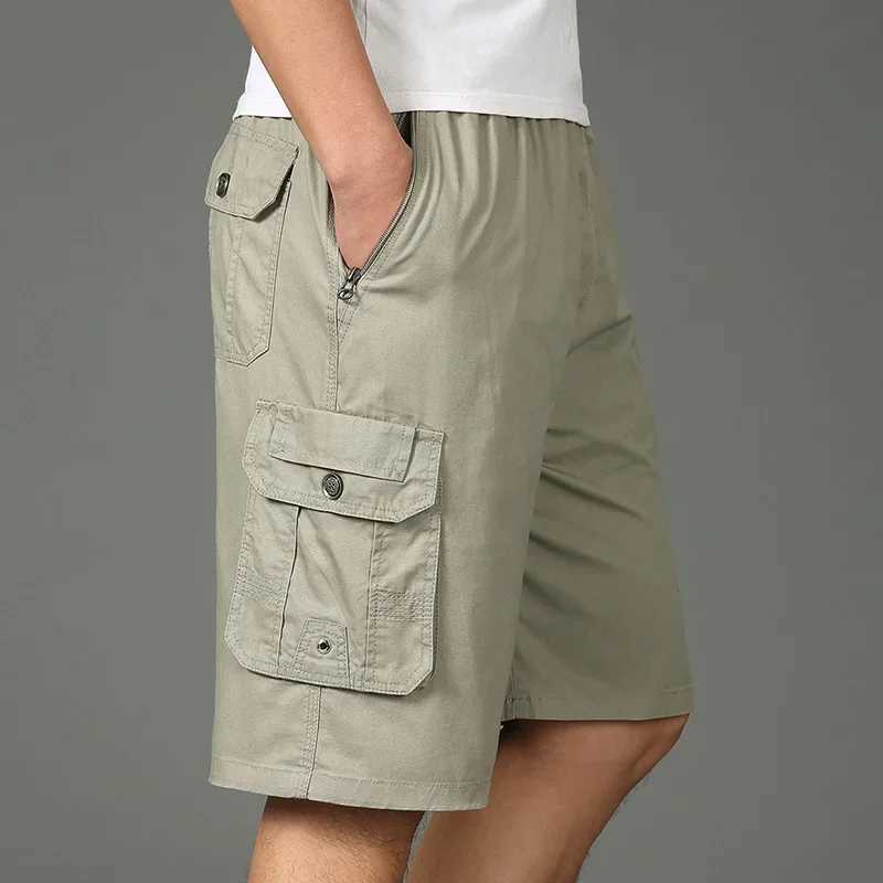 2024 Shorts Men Bermuda Cotton Pocket Zip Cargo Shorts Fashion Style Elastic Army Male Summer Casual Knee Length Vintage YellowX240921