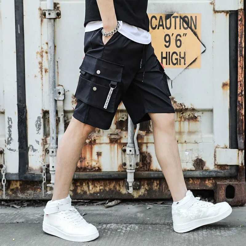 2024 Summer Mens Japanese Cargo Shorts Street Hip Hop Trend Sports Casual Outdoor Loose Drawstring Multi-pocket Straight PantsX240921