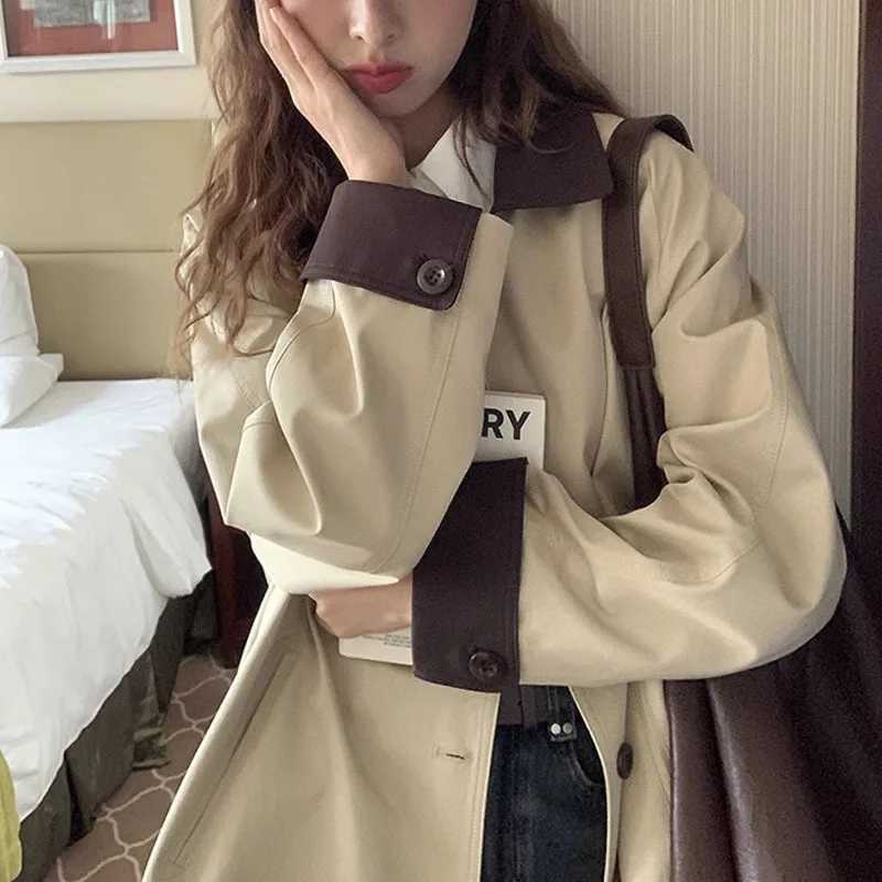 Korean College Style Vintage Medium-length Trench Coat Jacket for Women Fashion Chic Single Breasted Lapel Loose Beige OuterwearX240921