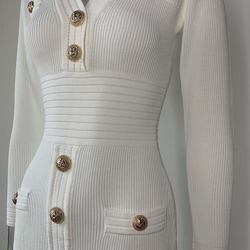 Harleyfashion New Fall Collection High Quality V-Neck Buttons Streetwear Casual White Sheath Knitted Dress