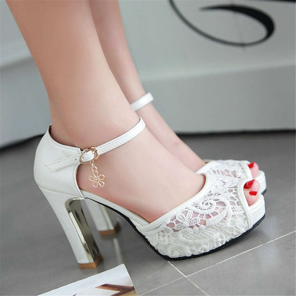 Women Summer Lace Bow Mesh Shoes Fish Mouth High Heel Ladys Platform Sandals Evening White Dress Wedding Female Atos De Mujer