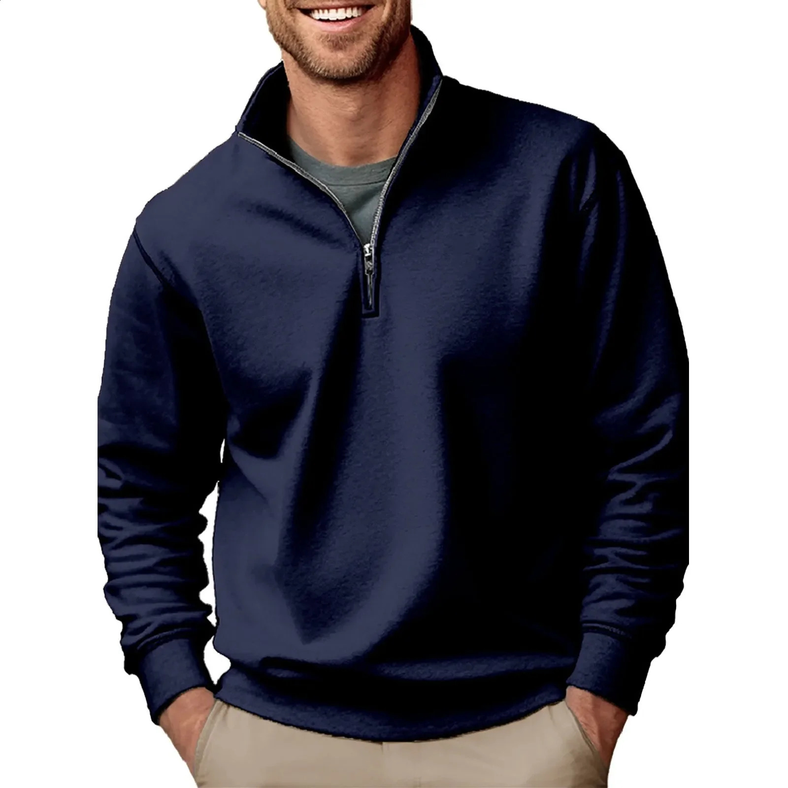 Wool Thickened Mens Solid Sweatshirt Casual Half Zipper Vertical Neck Hoodie Autumn Loose Sports 240911