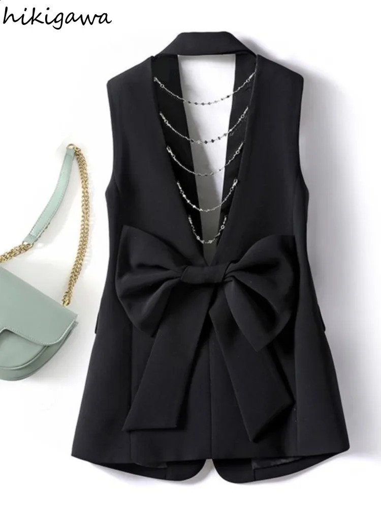 Sleeveless Cardigan Vest Women Ropa Mujer Fashion Hollow Out Chain Bow Waistcoat Tunic Fashion Black Tanks Korean Y2k Tops 240919
