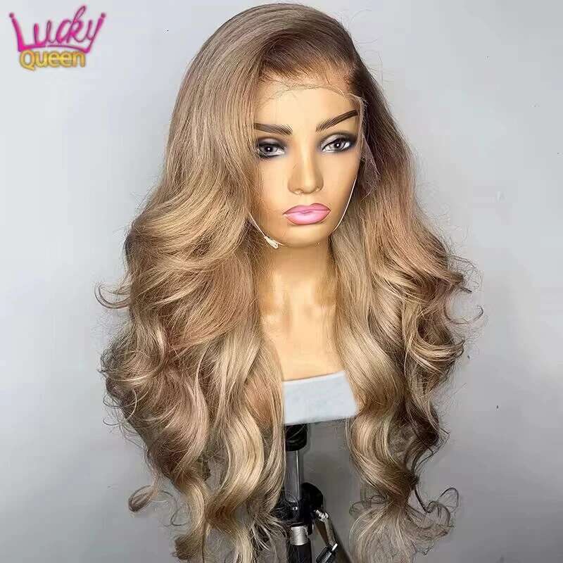 Ombre 13X4 Transparent Lace Front Human Hair Brown Root Body Wave Ash Blonde 5X5 Closure Wig Pre Plucked