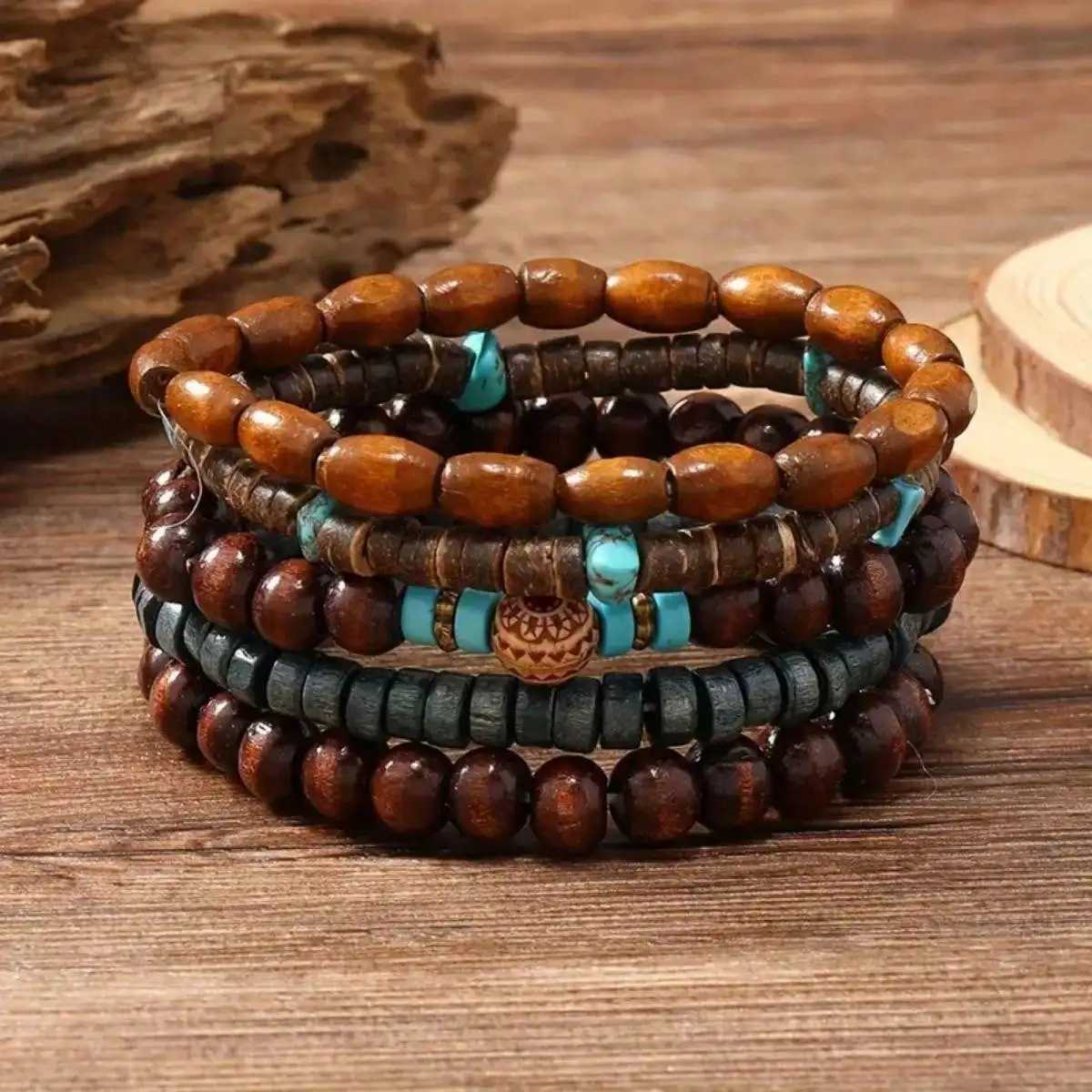 5pcs/set Natural Stone Wood Beads Beaded Bracelet Mens Chinese Style Charm BraceletX240921