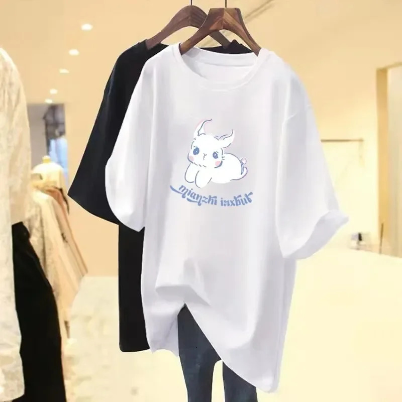 2024 New Rabbit Printed T-shirt Short Sleeve Summer Dress New Off Shoulder Medium Long Loose Plus Size Top Women's Free Delivery Free Shipping