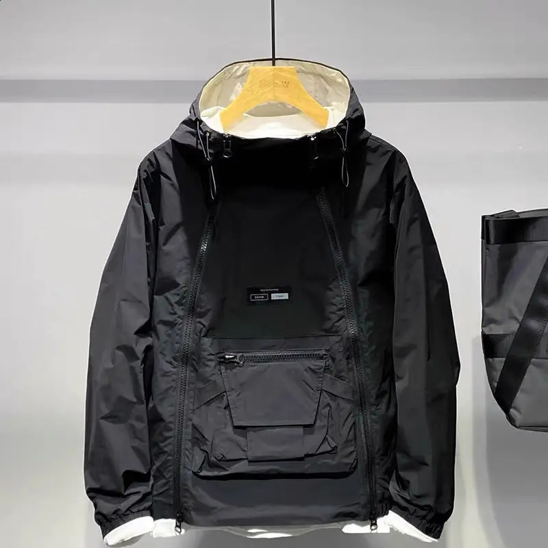 Spring Autumn Mens Fashion Double Zip Hooded Outdoor Jacket Black Coat Pocket Sportswear 240920