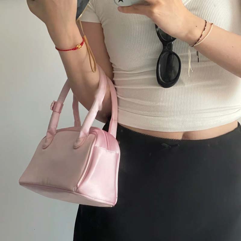 Bag for women 2024 new niche satin pink ballet style bowling lunch box small square bag Boston handbag