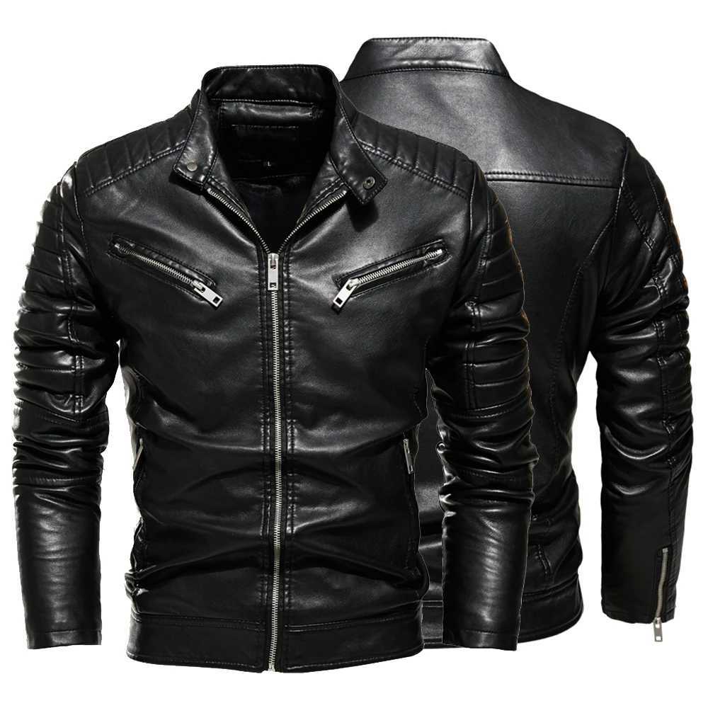 Mens fur lined warm motorcycle jacket ultra-thin street fashion black bicycle jacket with pleated design zipper 2024 winter black leather jacket W2409