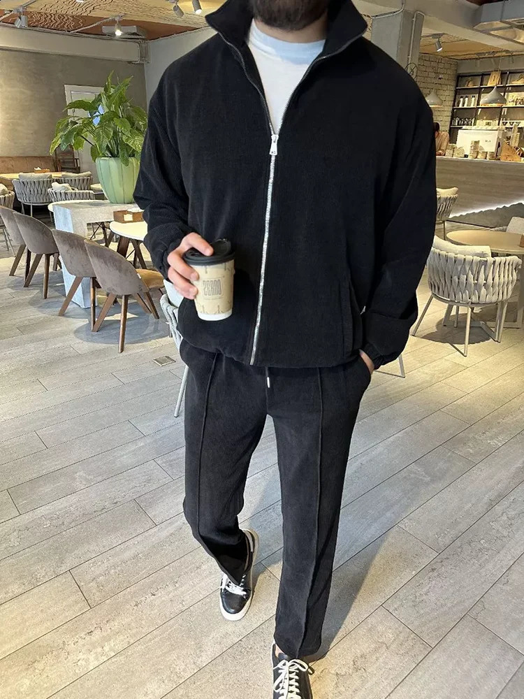 Casual Mens Two Piece Sets Streetwear Fashion Solid Color Slim Zipper Lapel Jacket And Pants Two Piece Suits Men Stylish Outfits 240918