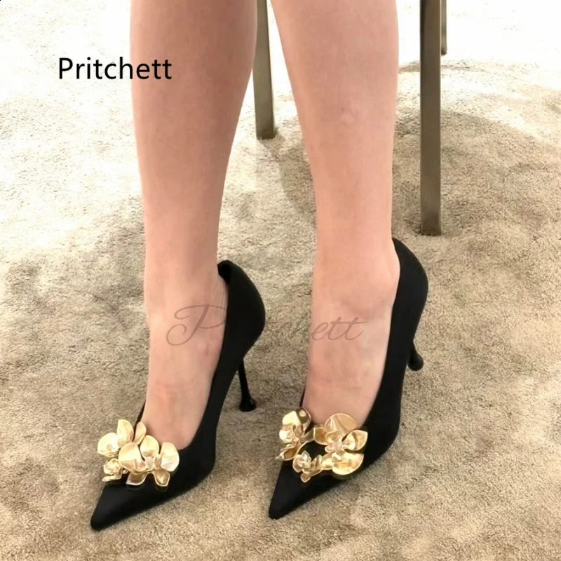 Black satin high-heeled womens pump gold orchid horn toe flower shallow single shoe sexy slim high-heeled spring office shoes 240919