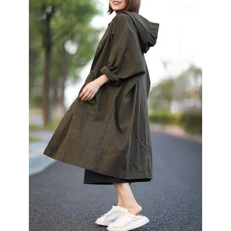 Womens Trench Coat 2023 Spring Autumn New Outerwear Hooded Pockets Loose Casual Women Clothing Vintage Windbreakers JacketsX240921