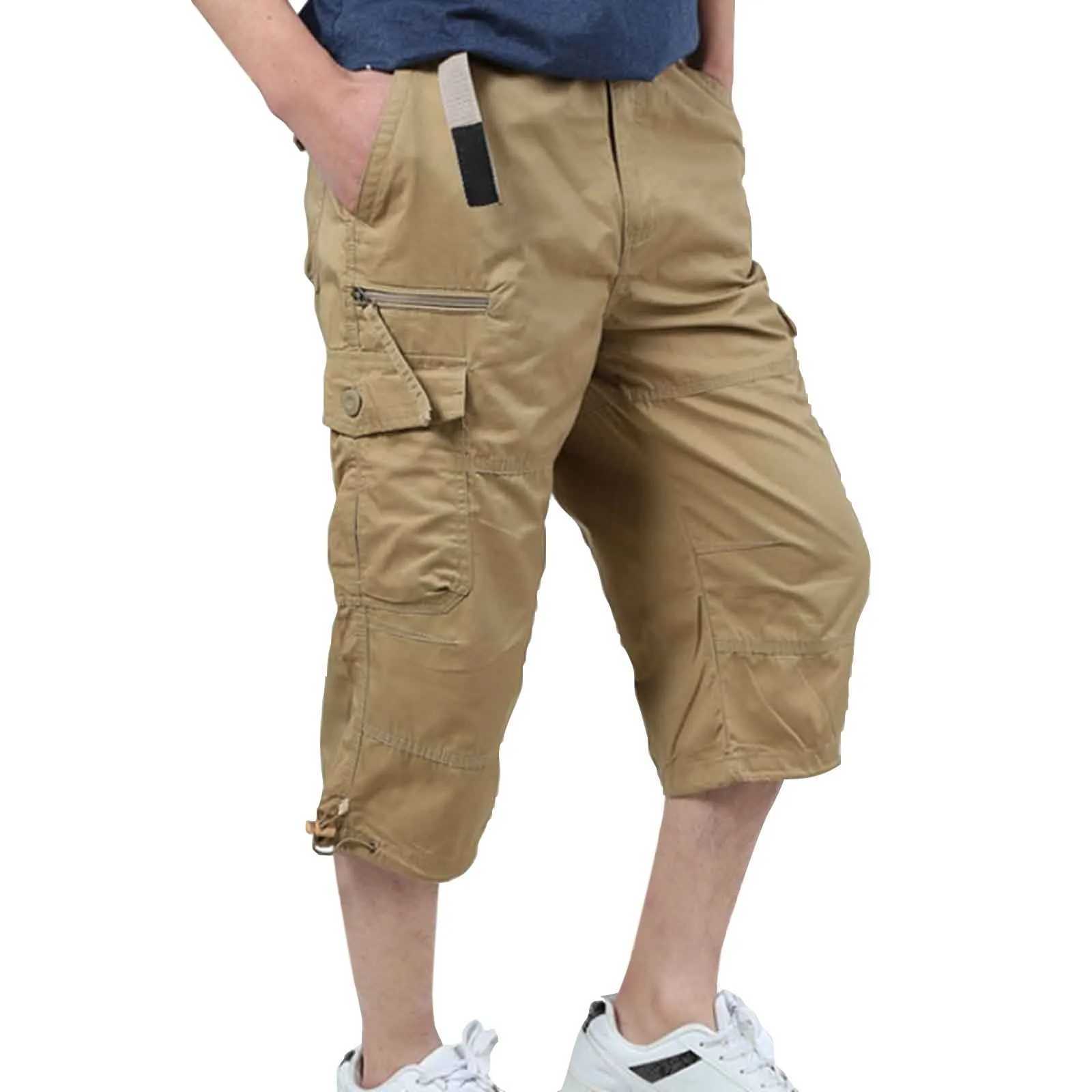 MenS Cargo Shorts 3/4 Relaxed Fit Mens Running Shorts 7 Pockets Elastic Waist Cotton Hiking Shorts Summer Causal StreetwearX240921