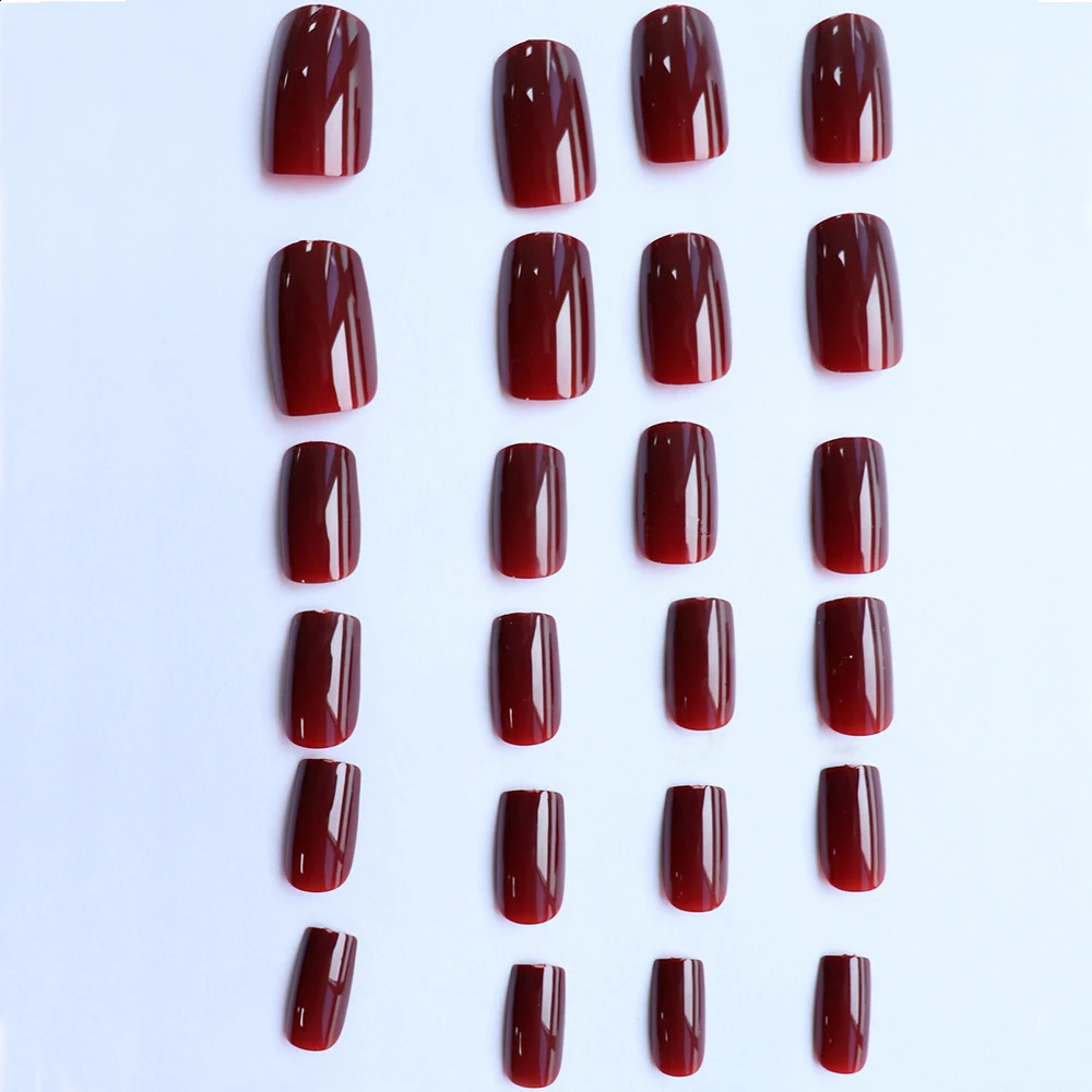 24pcs press on nails short square Wine red press on nails Solid color sweet french tip press on nails cute nail 240914