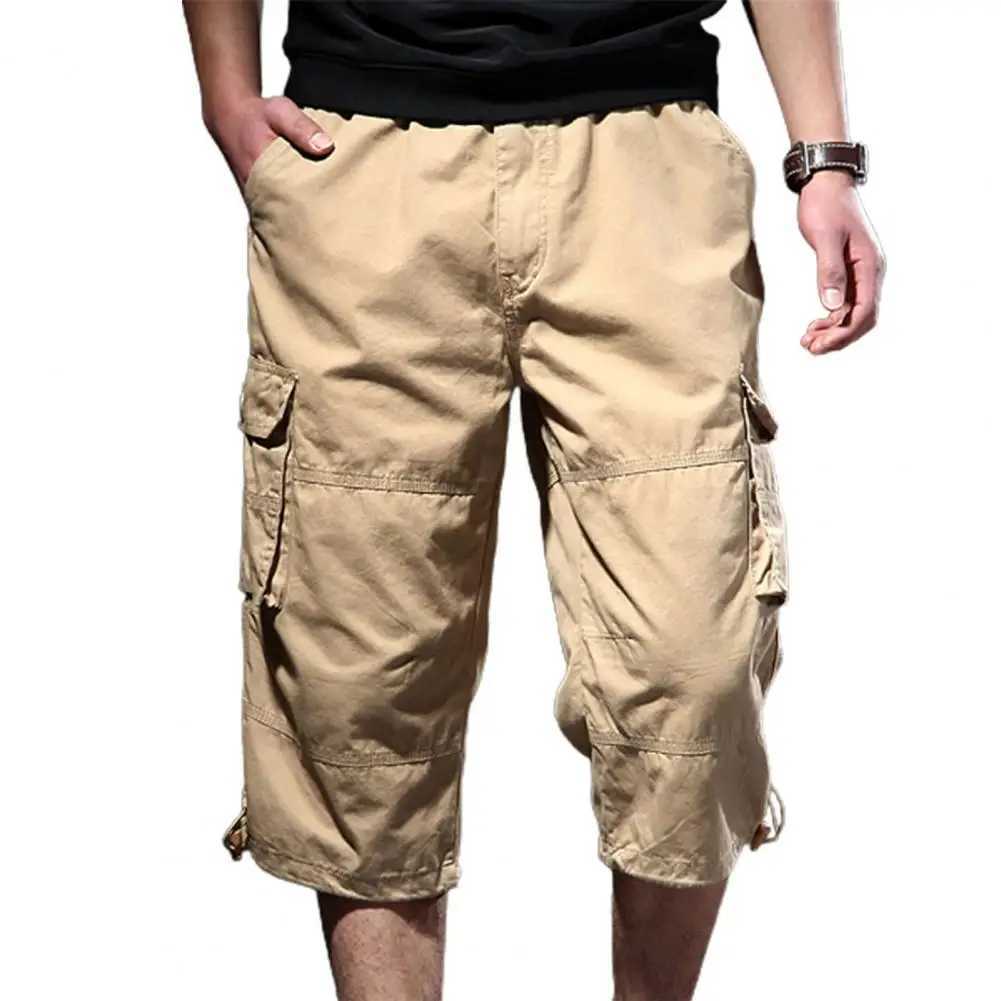 Trendy Drawstring Cotton Camouflage Print Multi Pockets Cargo Pants Loose Type Men Cropped Pants Daily ClothesX240921