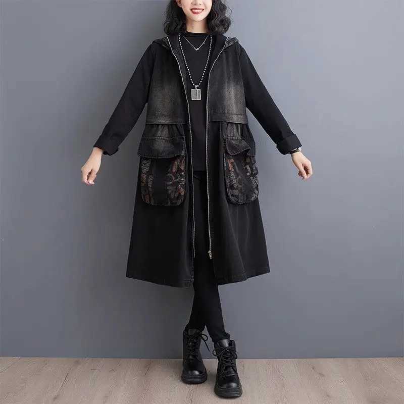 Retro Washed Oversized Denim Jacket 2024 Early Spring Casual Loose Fit Hooded Printed Spliced Jeans Coat Windbreaker Z4057X240921
