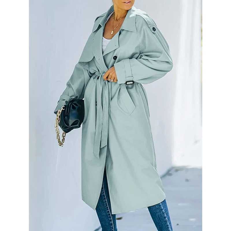 Women s Classic Long Trench Coat Double-Breasted Lapel Long Sleeve Windproof Overcoat with BeltX240921