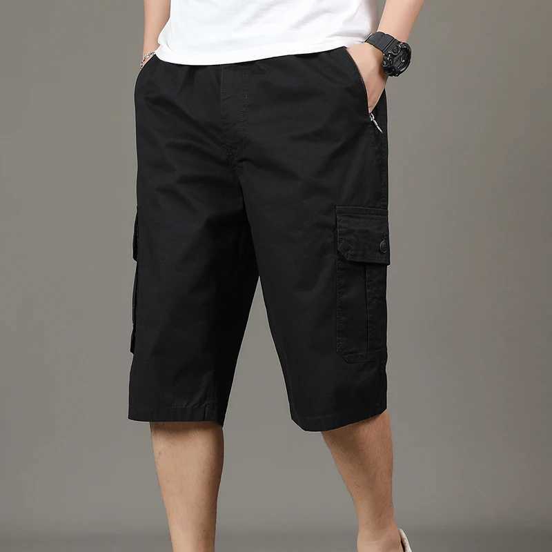 Mens Solid Color Pockets Button Elastic High Waisted Summer Casual Straight Vacation Cargo Capri Pants Preppy Style ShortsX240921
