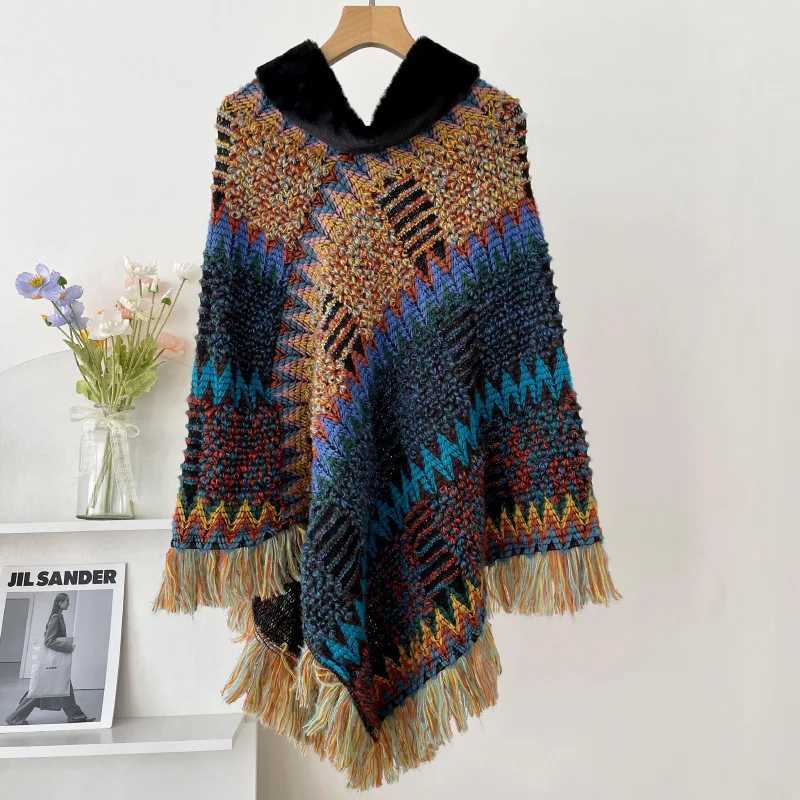 Autumn and Winter Shawl National Knitted Cloak Womens New Lanhua Cloak Tassel Warm Shawl Imitation Wool Collar Raincoat W240921