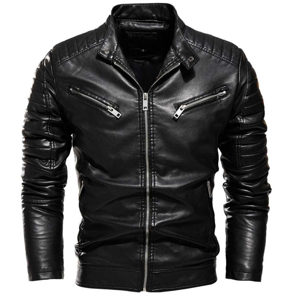 Mens fur lined warm motorcycle jacket ultra-thin street fashion black bicycle jacket with pleated design zipper 2024 winter black leather jacket W2409