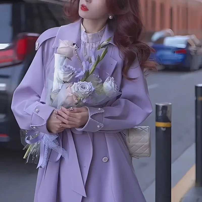 Womens purple Spring and Autumn Windbreaker Coat NEW Korean Versatile Trench Jacket Mid length Double breasted Outwear FemaleX240921