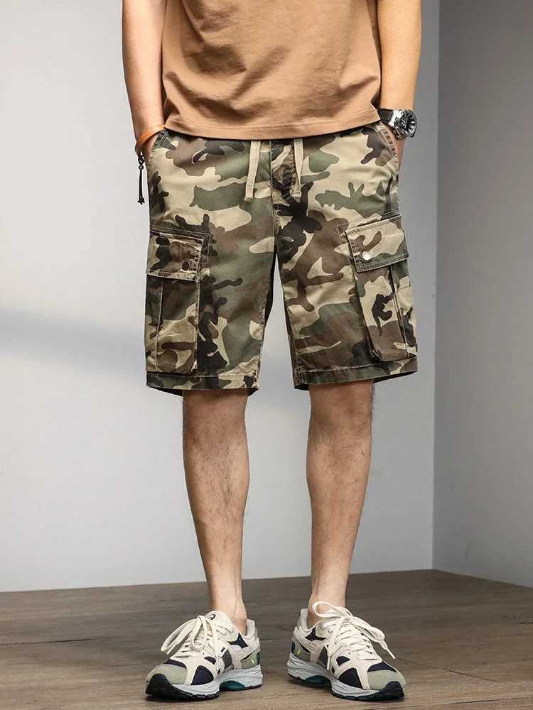 Summer Mens Cargo Shorts Multi-Pockets Washed Cotton Straight Short Pants Male String Banding Camouflage Casual ShortsX240921